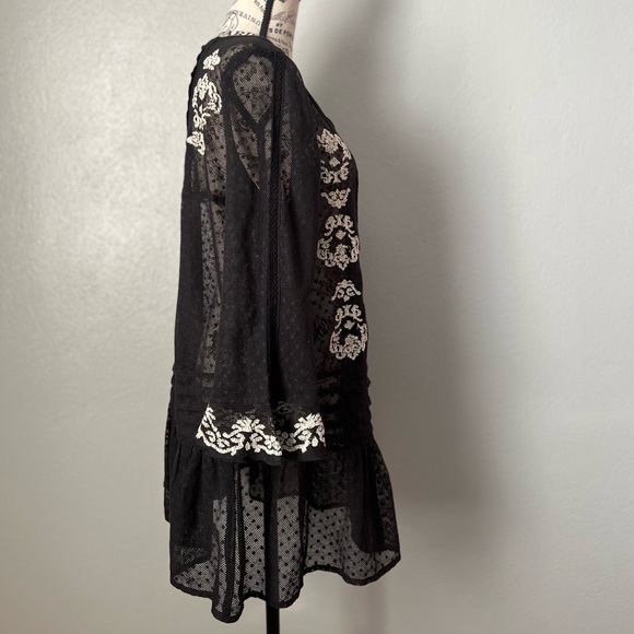 Free People Women's Black Jocelyn Pleated Dot Ruffle Lace Tunic Size Small - Picture 3 of 16